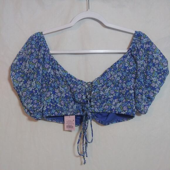 Wild Fable Blue Floral Puff Short Sleeve Sweetheart Neck Crop Top Size L - Picture 9 of 9